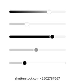 Schieberegler-Lautstärkeregler-Symbol in verschiedenen Stilen eingestellt. Vektorgrafik des Reglers zur Einstellung des Helligkeitsniveaus. Multimediaeinstellungen für die Web- und App-Benutzeroberfläche. Energiestandvorlage einzeln.