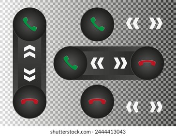 Los controles deslizantes aceptan o rechazan. Vertical y conmutador Horizontal para llamadas entrantes. Un conjunto de iconos.