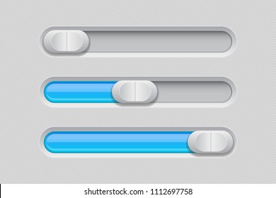 Sliders. Gray blue control level buttons. Vector 3d illustration