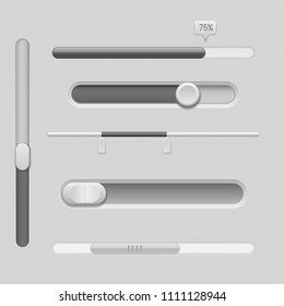 Sliders. Gray control level buttons. Horizontal and vertical. Vector 3d illustration