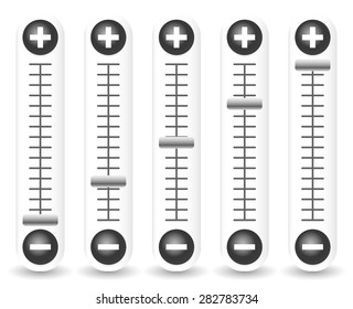 Sliders with plus, minus signs. Adjust, adjustment, calibration elements / template.