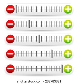 Sliders with plus, minus signs. Adjust, adjustment, calibration elements / template.