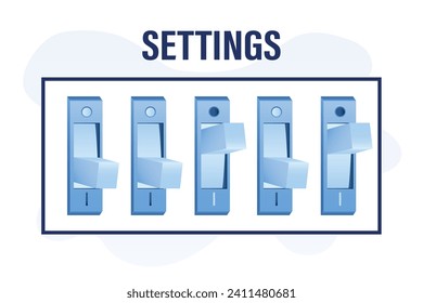 Deslizadores de configuración. Ajuste inteligente del sistema de gadgets. Personalización de la interfaz de usuario móvil. Panel de control para cambiar la configuración del gadget. Barra de herramientas con modificadores en colores azules de moda. Ilustración vectorial plana