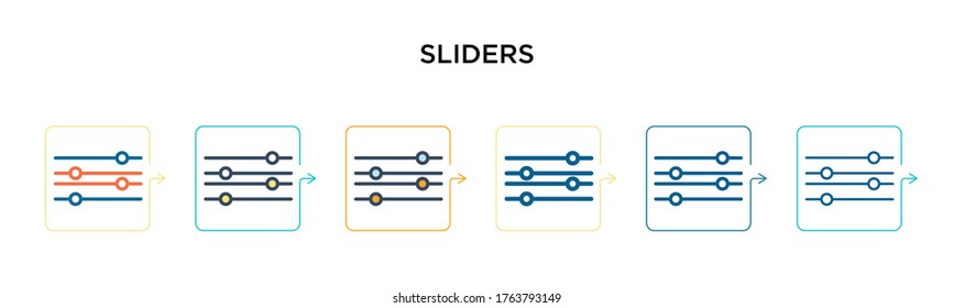 Sliders vector icon in 6 different modern styles. Black, two colored sliders icons designed in filled, outline, line and stroke style. Vector illustration can be used for web, mobile, ui