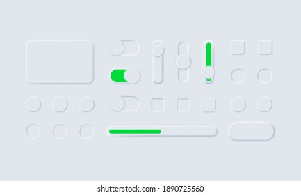 Sliders for websites, mobile menu, navigation and apps. Neumorphic UI UX white user interface web buttons and ui sliders. Neomorphism style. Vector EPS 10. Isolated on white background.