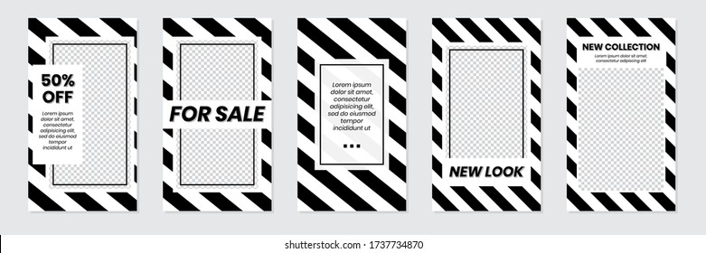 Slides Abstract Unique Editable Modern Social Media Off White Striped Black Banner Template. Anyone can use This Design Easily. Promotional web banner for social media stories. Vector Illustration.