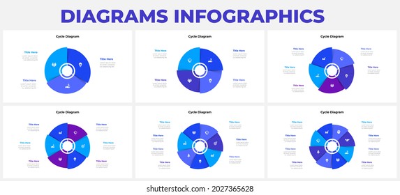 Slides with circle infographics elements for business presentation. Vector info graphic cycle design templates. Concept with 3, 4, 5, 6, 7 and 8 options, parts or steps.