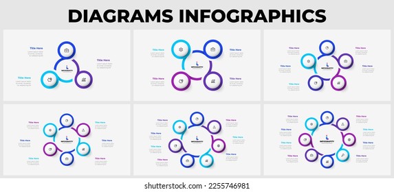 Slides with circle infographics elements for business presentation. Vector cycle design templates. Concept with 3, 4, 5, 6, 7 and 8 options, parts or steps.