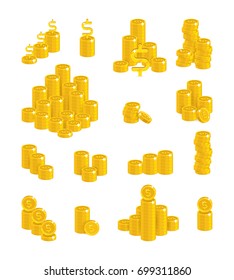 Slides gold dollars isolated cartoon set. A lot of slides and piles of gold dollars and dollar signs for designers and illustrators. Gold stacks of pieces in the form of a vector illustration
