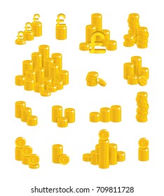 Slides gold pounds isolated cartoon set. A lot of slides and piles of gold pounds and pound signs for designers and illustrators. Gold stacks of pieces in the form of a vector illustration
