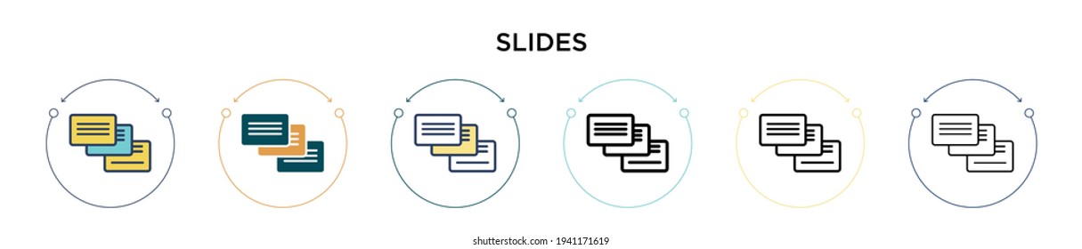 Slides icon in filled, thin line, outline and stroke style. Vector illustration of two colored and black slides vector icons designs can be used for mobile, ui, web