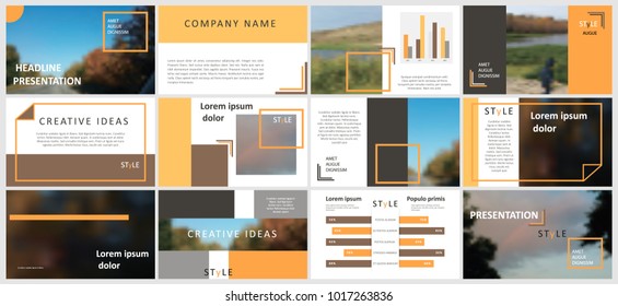 Slides. Modern presentation template. Abstract infographic elements. Title sheet. Brochure cover design. Illustration with image. Business. Light. Simple. Corporate info banner frame. 