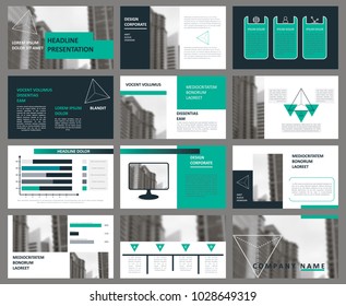 Slides. Modern presentation template. Abstract infographic elements. Title sheet. Brochure cover design. Illustration image. Light. Simple. Corporate info banner frame. Business. Turquoise Green Grey.