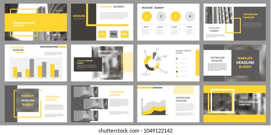 Slides. Modern presentation template. Abstract infographic elements. Title sheet. Brochure cover design. Illustration with image. Light. Gray. Simple. Corporate info banner frame. Business. Yellow.