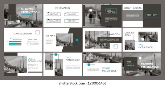 Slides. Modern presentation template. Abstract infographic elements. Title sheet. Brochure cover design. Illustration with image. Light. Gray. Simple. Corporate info banner frame. Business. Blue.