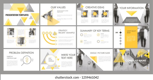 Slides. Modern presentation template. Abstract infographic elements. Title sheet. Brochure cover design. Illustration with image. Light. Gray. Simple. Corporate info banner frame. Business. Yellow.