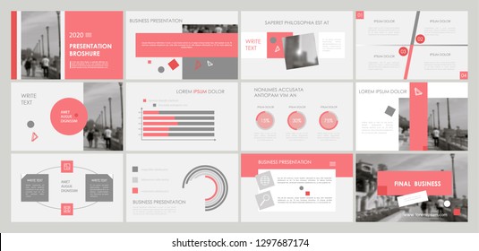 Slides. Modern presentation template. Abstract infographic elements. Title sheet. Brochure cover design. Illustration with image. Business. Light. Simple. Corporate info banner frame. Pink. Gray.