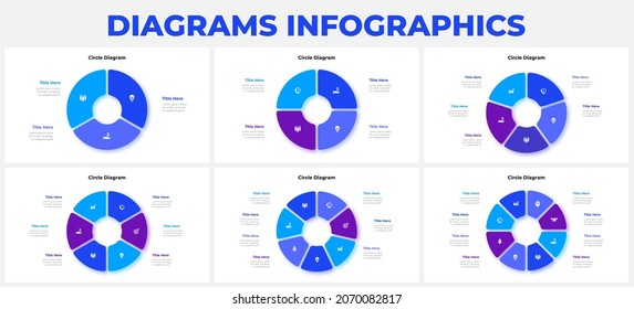 Slides With Pie Charts Infographics Elements For Presentation. Vector Info Graphic Cycle Design Templates. Concept With 3, 4, 5, 6, 7 And 8 Options, Parts Or Steps.
