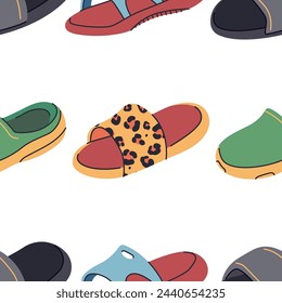 Slides sandals vector cartoon seamless pattern background for wallpaper, wrapping, packing, and backdrop.