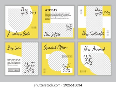 Slides square unique editable modern social media post banner template. Yellow and white background color with stripe line shape. Fashion sale and discount promo. Vector illustration.
