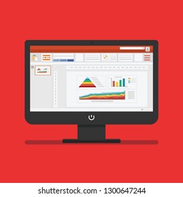 Slideshow presentation software computer screen with financial accounting set. Slide templates with diagram and chart. Uses for planning and accounting, analysis, audit, and  project managements.