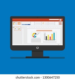 Slideshow presentation software computer screen with financial accounting set. Slide templates with diagram and chart. Uses for planning and accounting, analysis, audit, and  project managements.