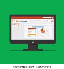 Slideshow presentation software computer screen with financial accounting set. Business templates with diagram and chart. Use for planning and accounting, analysis, audit, and project managements.