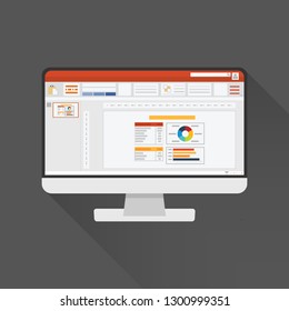 Slideshow presentation software computer screen with financial accounting set. Business templates with diagram and chart. Use for planning and accounting, analysis, audit, and project managements.
