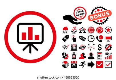 Slideshow Screen icon with bonus design elements. Vector illustration style is flat iconic bicolor symbols, intensive red and black colors, white background.