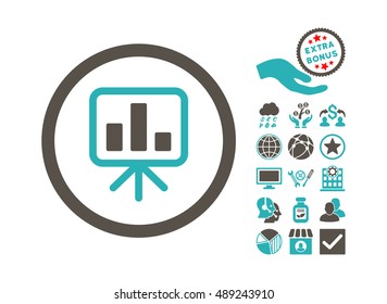 Slideshow Screen pictograph with bonus elements. Vector illustration style is flat iconic bicolor symbols, grey and cyan colors, white background.