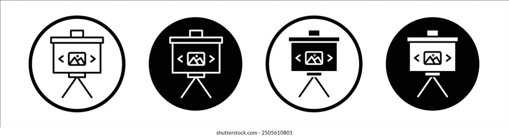 Conjunto de iconos de Vector de presentación de diapositivas con estilo relleno y delineado en negro.