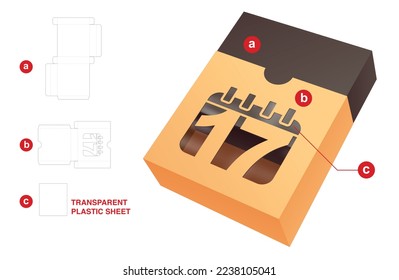 Sliding box with 17th day calendar window die cut template and 3D mockup