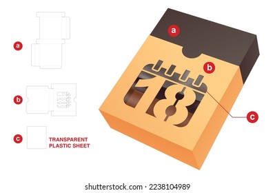 Sliding box with 18th day calendar window die cut template and 3D mockup