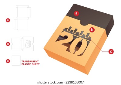 Sliding box with 20th day calendar window die cut template and 3D mockup