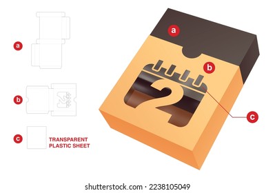 Sliding box with 2nd day calendar window die cut template and 3D mockup