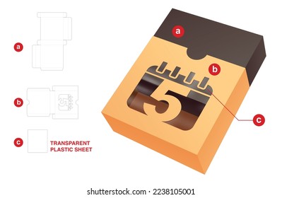 Sliding box with 5th day calendar window die cut template and 3D mockup
