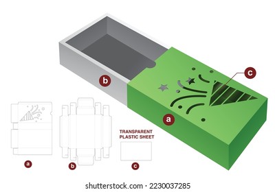 sliding box with Christmas confetti window die cut template and 3D mockup