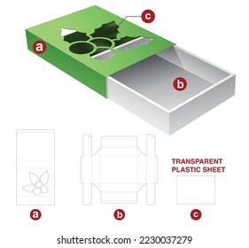 Sliding box with Christmas holly window on cover die cut template