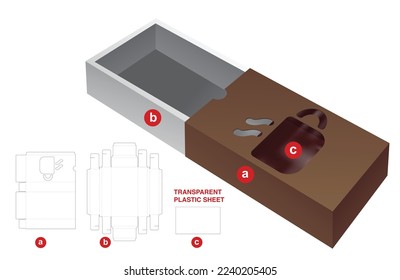 sliding box with coffee window die cut template and 3D mockup