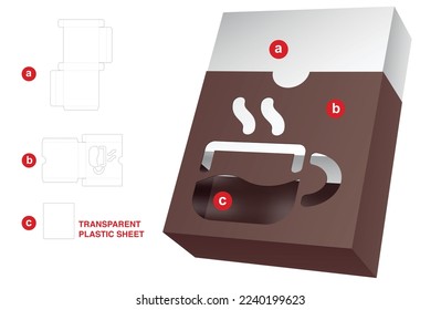 Sliding box with cup of coffee window die cut template and 3D mockup