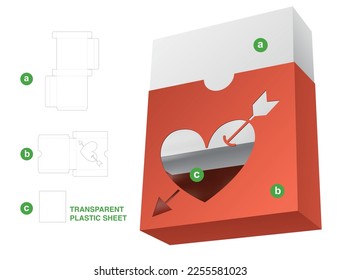 Sliding box with cute heart and arrow window die cut template and 3D mockup