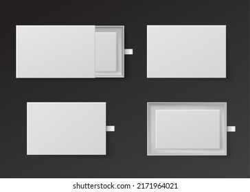Sliding box from various points of view, templates set of realistic vector illustrations isolated on dark background. Gift sliding drawer box with ribbon pull.