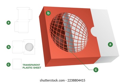 Sliding box with wireframe globe window die cut template and 3D mockup