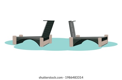 Puente deslizante sobre un río, ilustración vectorial sobre un fondo blanco