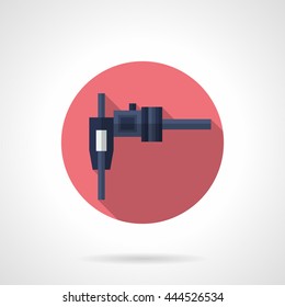 Sliding caliper or steel vernier with long shadow design. Measuring tools for engineering technology, industry, manual quality control. Round flat color style vector icon