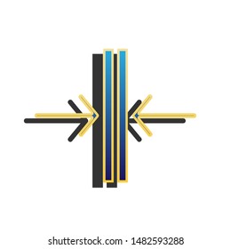 Sliding door, automatic door sign. Blue icon with gold contour with dark gray shadow at white background. Illustration.