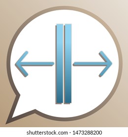 Sliding door, automatic door sign. Bright cerulean icon in white speech balloon at pale taupe background. Illustration.