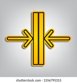 Sliding door, automatic door sign. Flat orange icon with overlapping linear black icon with gray shadow at whitish background. Illustration.