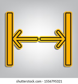 Sliding door, automatic door sign. Flat orange icon with overlapping linear black icon with gray shadow at whitish background. Illustration.