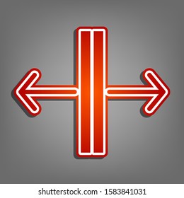 Sliding door, automatic door sign. Flat red icon with linear white icon with gray shadow at grayish background. Illustration.